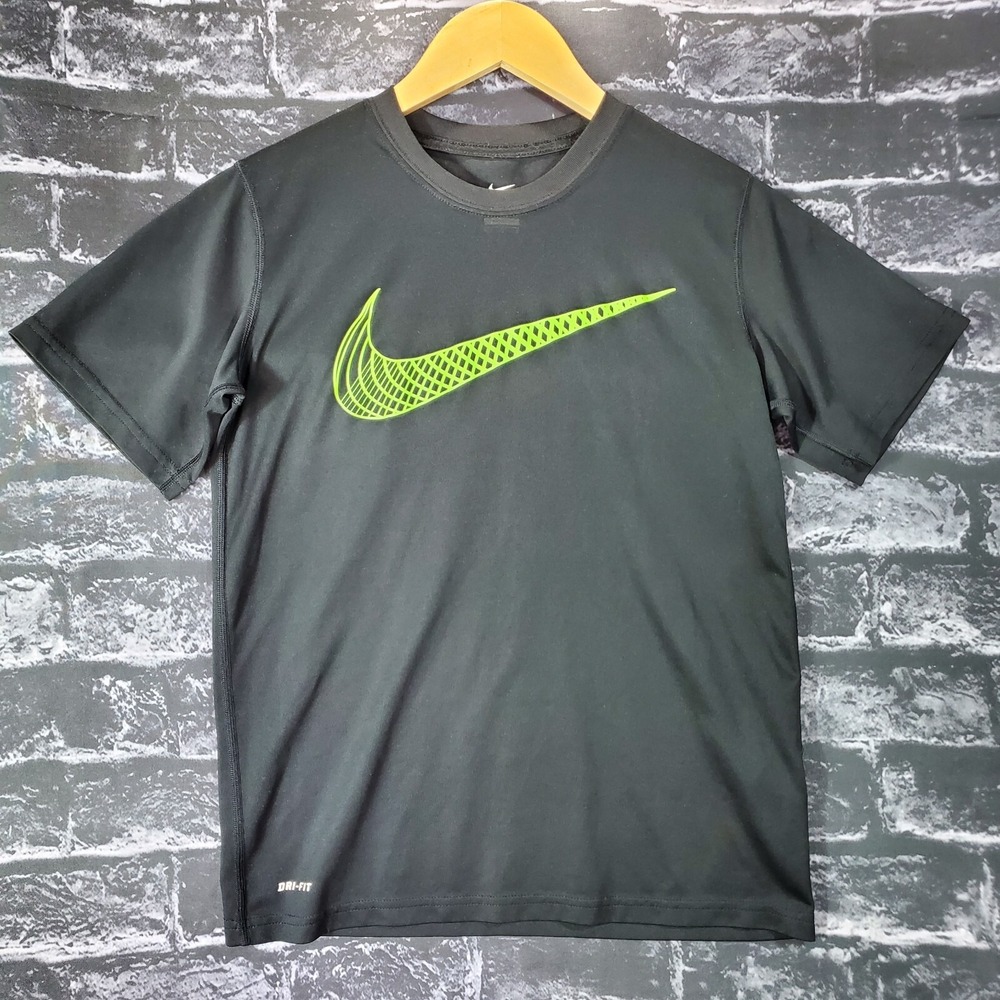 Nike Dri-Fit Shirt Womens Medium Black Green Center Swoosh‎ Check Logo